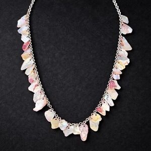 VTG Iridescent Mother of Pearl Shell Chip Necklace Silver Chain Mermaid Boho 17"